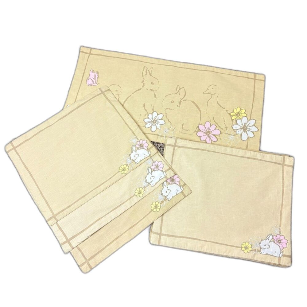 Easter Spring Appliqued Table Runner & Placemats Flowers Bunnies Set of 8